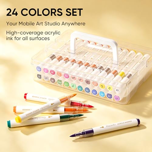 finenolo 24 Colors Brush Tip Acrylic Paint Markers, Water-Based Paint Pens | Waterproof, non-toxic, fast-drying acrylic markers, for rock painting, wood, glass, ceramic, fabric, metal, diy crafts - color: 24 Colors
