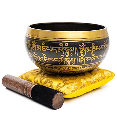 Tibetan Singing Bowl Set - 4" Easy To Play Authentic Handmade For Meditation Sound 7 Chakra Healing By HIMALAYAN BAZAAR (Black/Yellow, 4 Inches)