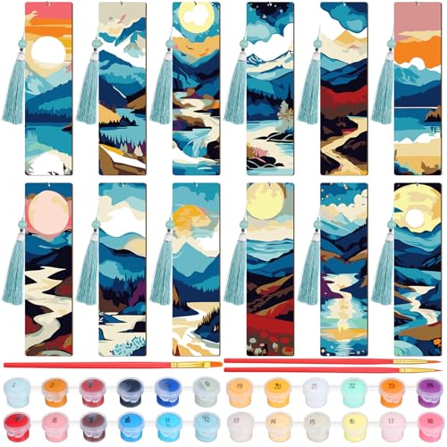 Kosiz 12 Pcs Mountain Paint by Number Kit for Adult Wood Bookmark | Mini Paint by Numbers Kit, Painting Decor, Tassels Blank Bookmarks, for Small DIY Craft Book Lovers Gift 7x2 '' - style: Mountain