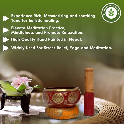 Nature's Own Tibetan Singing Bowl Set- Easy to Play- Meditation Sound Bowl Handcrafted in Nepal for Yoga, Mindfulness, Chakra Healing, Stress Relief- Spiritual Gifts for Women and Men (3.5 Inch, Red) - color: Red