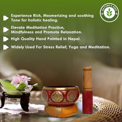 Nature's Own Tibetan Singing Bowl Set- Easy to Play- Meditation Sound Bowl Handcrafted in Nepal for Yoga, Mindfulness, Chakra Healing, Stress Relief- Spiritual Gifts for Women and Men (3.5 Inch, Red) - color: Red