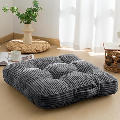 HIGOGOGO Floor Pillow Cushion for Adults, Meditation Cushion Pillow, Large Square Floor Sitting, Tufted Corduroy Cover, for Tatami Living Room or Yoga, 22x22 Inch, Dark Grey - color: Square Dark Grey, size: 4" Thick(Pack of 1)