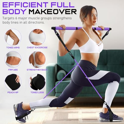 Pilates Bar Kit with 6 Latex Resistance Bands, Adjustable Exercise Bar - color: Purple