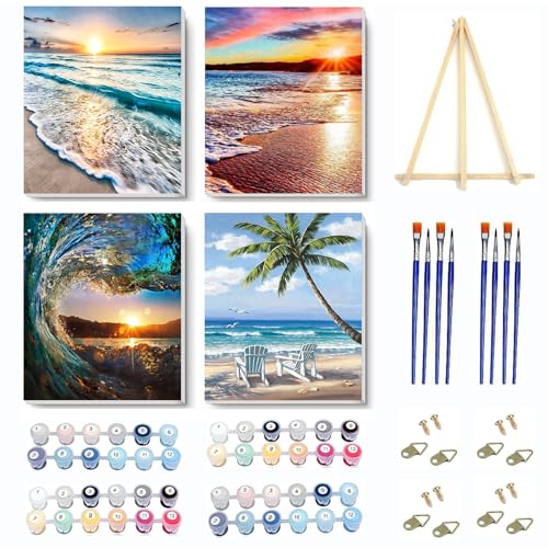 VIGEGU 4 Pack Paint by Numbers Kit for Adults Framed Canvas with Wooden | Easel,Adults' Paint-by-Number Kits Beach Sunset Leisure Chair DIY Acrylic Landscape Oil Painting Kits Arts Crafts 8x12inch - color: 4 Pack 20X30in-5, size: 8x12in with Framed - with