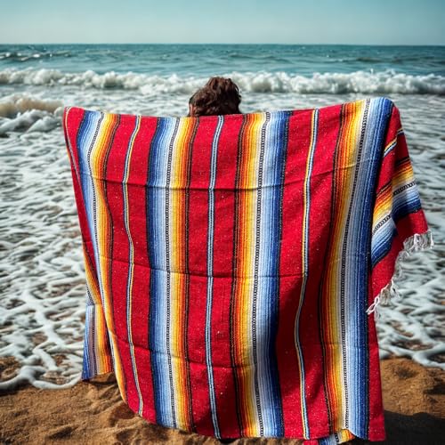 Striped Mexican Baja Blanket - Handmade Serape Throw in Soft Durable Woven Cotton Blend - Great for Beach, Yoga, Camping, Festivals and Home (Desert Flame (Red)) - color: Desert Flame (Red)
