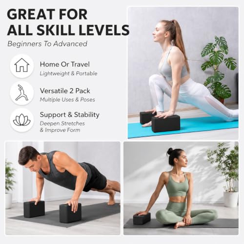 EXERZ Yoga Blocks 2 pack, Gym Blocks, Exercise Workout Fitness Bricks, Pilates Stretch Handstand Non-Slip - color: Black