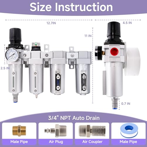 3/4" NPT Industrial Air Dryer for Compressor, 4 Stage Auto Drain | Air Compressor Water Separator with 0-240 PSI Air Regulator, Particulate Filter, Coalescing Filter and Desiccant Dryer - style: 4 Stage