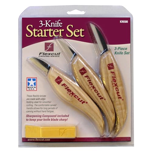 Flexcut Wood Carving Knives | Starter Set of 3 Woodcarving Knives | 1095 High Carbon Steel Blades | Ergonomic Ash Wood Handles for Beginners and Hobbyists | KN500 | Made in the U.S.A - style: 3-Piece Knife Starter Set