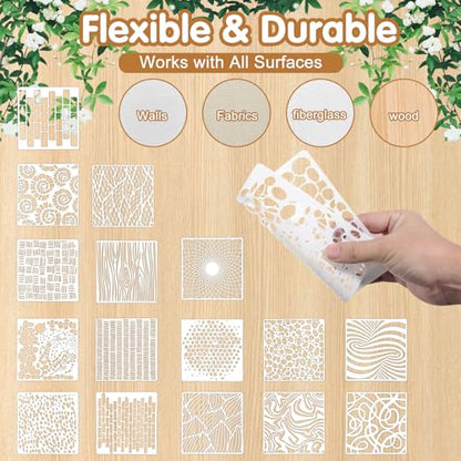 16Pcs Stencils for Painting on Wood, 6"x6" Stencils for Crafts Reusable, Textured Art Supplies for Burlap Art, Canvas, Brick, Mixed Media Projects - size: 2.0