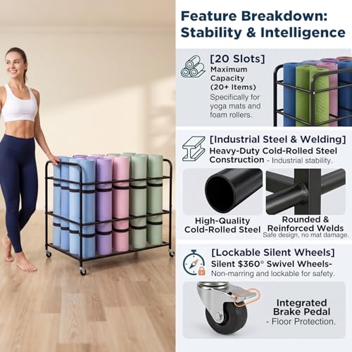 Large Yoga Mat Storage Cart Basket 39.4'' x 27.6'' x 27.6'' Home Gym Storage Rack with Wheels Metal Yoga Mat Holder Basket Foam Rollers Organizer for Gym Studio Hold 20 Exercise Mats