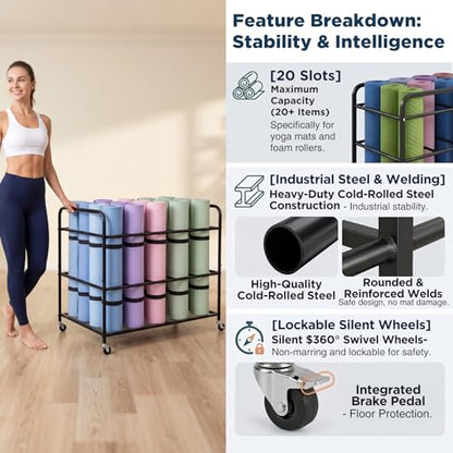 Large Yoga Mat Storage Cart Basket 39.4'' x 27.6'' x 27.6'' Home Gym Storage Rack with Wheels Metal Yoga Mat Holder Basket Foam Rollers Organizer for Gym Studio Hold 20 Exercise Mats
