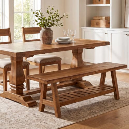 Solid Wood Dining Bench, 55-Inch Long Bench with Open Storage Shelf, 2-Tier Farmhouse Indoor Seating for Dining Room, Kitchen and Small Spaces, Brown