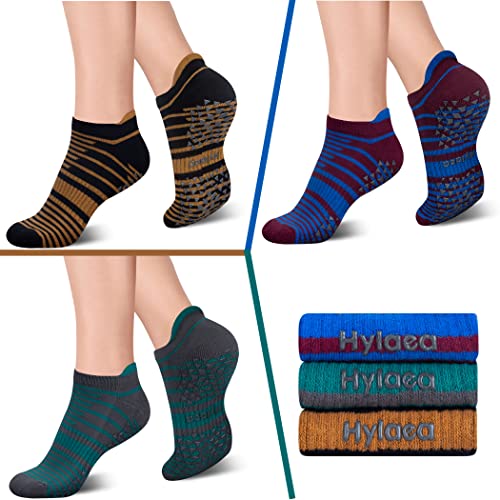Hylaea Unisex Non Slip Socks with Grip for Yoga, Hospital, Pilates, Barre | Ankle, Cushioned | Breathable Cotton, Thick Cushioned Sole, Anti-Slip, Ankle Protection, Men Women, Ideal for Yoga, Barre, Hospital & Home Use - color: 3 Pairs Stripe, size: Small