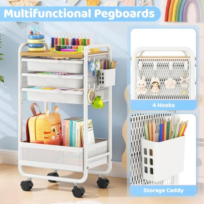 Metal Rolling Storage Cart with 3 Drawers - Utility Cart on Wheels with Pegboard & Wood Tabletop, Multifunctional Trolley Organizer with Hooks & Bin for Living Room,Bedroom,Craft Room,Office,Kids Room - color: Whtie