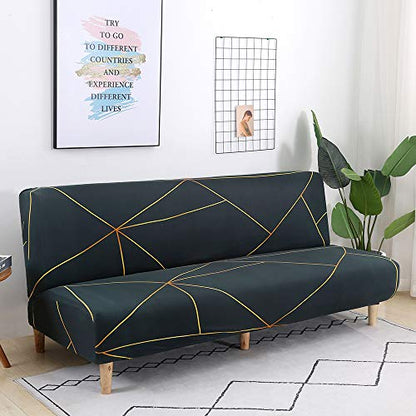 MIFXIN Armless Sofa Cover Futon Slipcover Stretch Spandex Washable Folding Sofa Bed Non-Armrest Couch Furniture Protector Sofa Slip Cover Without Armrests (Green Gold Strip) - color: Green+gold Strip
