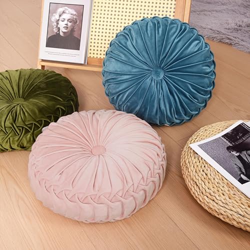 HIG Set of 2 Pink Velvet Decorative Round Pleated Throw Pillows - color: Pink