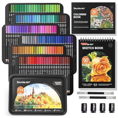 Shuttle Art 174 Colored Pencils for Adults, Soft Core Coloring Pencils Set with 1 Coloring Book, 1 Sketch Pad, 4 Sharpener, 2 Pencil Extender, Perfect for Artists Kids Adults, Drawing - color: 174 Colors