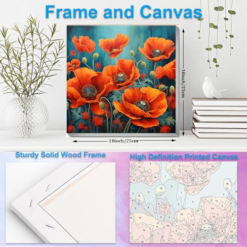 Artunion Framed Paint by Numbers Kit for Adults Beginners & Kids Ages 8-12,Red Poppy Paint by Number with Frame,Flower Adult Paint by Numbers Kit on Canvas 10 * 10 Inch Without Easel - color: ZXT-188-F