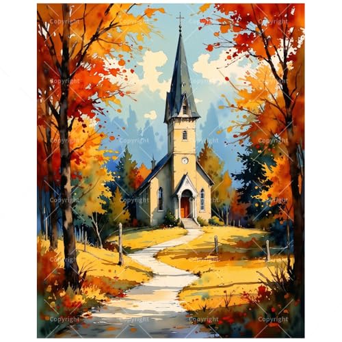 DecorFriday Autumn Church Paint by Numbers Kit for Adults - DIY Countryside Chapel with Yellow Path Painting on Canvas, Acrylic Paint Set for Beginners, Art for Home Decor or Gifts(12X16IN Framed) - color: HSX01213, size: 12X16IN Framed