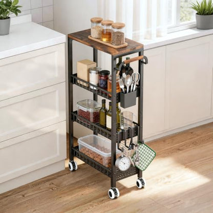 4 Tier Rolling Cart, Metal Utility Slim Storage Carts with Wheels, Small Mobile Shelf Unit Organizer Trolley with Handle and Wood Top, Rolling Cart for Laundry, Bathroom, Kitchen