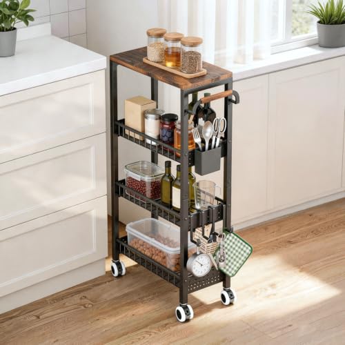 4 Tier Rolling Cart, Metal Utility Slim Storage Carts with Wheels, Small Mobile Shelf Unit Organizer Trolley with Handle and Wood Top, Rolling Cart for Laundry, Bathroom, Kitchen