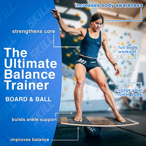The Skill Board - Wooden Balance Board for Adults - Wobble Board for All Sports, Gym, Standing Desk, or Yard Games - Balance Trainer, Fitness Ball, Ball Pump, Grip Tape - color: Grip, size: Original