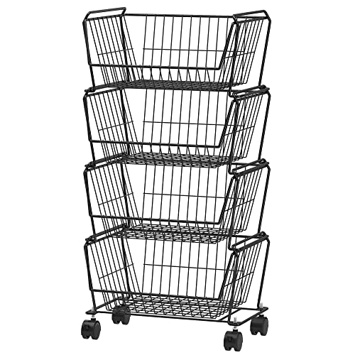 PUSDON 4-Tier Large Stackable Wire Storage Baskets with Wheels, Metal Rolling Utility Cart Organizer, Produce Basket for Kitchen Pantry, Floor Shelf, Matte Black - color: Matte Black, size: 4 Tier Plus