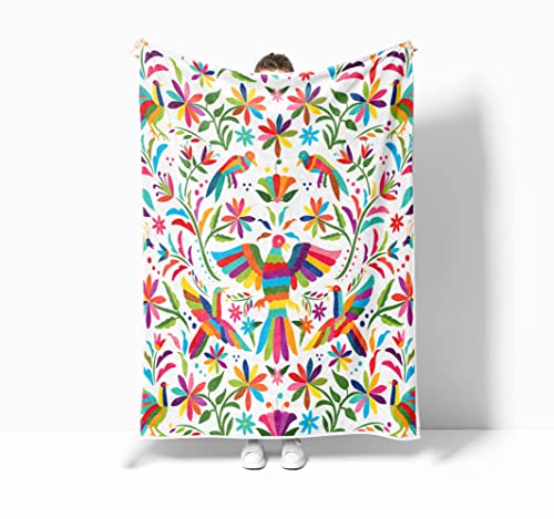Mexico Floral Throw Blankets, Traditional Mexican Bluebird Otomi Style Bright Pattern Cozy Warm Bed Couch Blanket, Paisley Flowers Ethnic Color White Fleece Flannel Throws Decorate Room and Bedroom - color: Mexico, size: 50X60