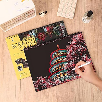 10 Pcs Scratch Art Book for Adults Teens, Rainbow Cityscape Craft DIY Kit | DIY Colorful City Series Painting Paper, ASMR Stress-Relief Engraving Kit Scratchboard, DIY Sketch Card Creative Craft - color: Travel Landmarks B
