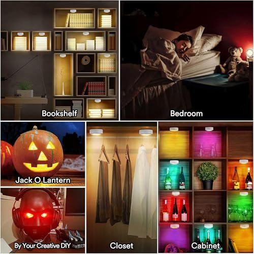 LED Puck Lights with Remote Battery Operated Under Cabinet Lighting Wireless Stick on Lights Color Changing Timer Tap Lights for Cabinets Shelves Closets Display Case - 6Pack Black | 3x1.2in, Wireless, Adhesive Stick on, Push Tap Lights for Cabinet, Kitch