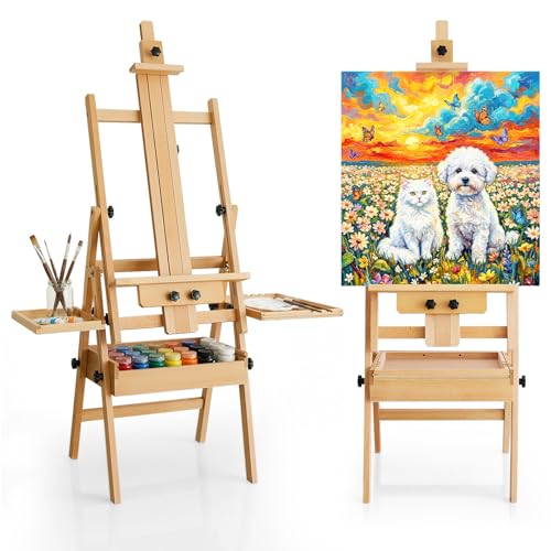 Beech Wood H-Frame Painting Easel Stand,Flat & Upright Adjustable Art Easel | Adjustable height 48"-82" & tilt 0°-90", fits 30"-50" canvas, Foldable wooden easel with storage drawer & trays for adults - color: Organic Natural