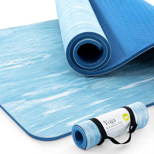 UMINEUX Extra Thick Yoga Mat, 2/5 Inch (10MM), Natural Rubber and TPE Non Slip Yoga Mats with Strap for Women Men, Eco Friendly Exercise Mat for Yoga, Pilates and Home Workout - color: Heritage Blue, size: 72" x 24" x 2/5"
