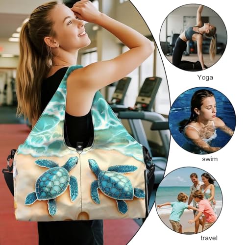 Gym Bag with Yoga Mat Holder Large Tote Bag With Multi Pockets for Women Men Dry Wet Separated Pocket Carryall Yoga Tote Bag for Pilates Travel Workout Office - color: Cute Sea Turtle