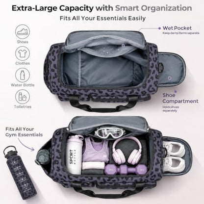FIORETTO Women's Gym Duffle Bag with Shoes Compartment, 30L Capacity, Ideal for Travel, Gym, Sports, Duffel, Weekender - color: Leopard Grey, style: Gym Bag