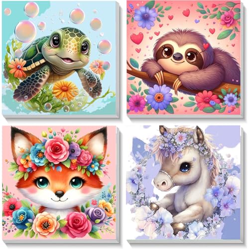 4 Pack Animal Paint by Number for Kids with Wooden Frame - Wooden Easel | Paint by Numbers for Kids Ages 4-8-12, Easy Sloth Fox Sea Turtle Horse DIY Oil Painting Kits for Home Wall Decor (8X8 inch) - color: BKH45+BKH222+BKH1180+BKH1210