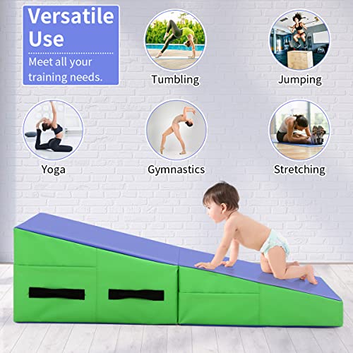 BLKMTY Incline Gymnastics Mat for Kids, 34"x24" Folding Tumbling Cheese Wedge Mats Kids Indoor Exercise Yoga Mat for Gymnastics Home Gym Mats W/Non-Slip PVC Surface and Handle - color: Blue & Green
