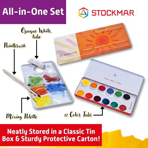 STOCKMAR Opaque Color Box - Set of 12 paints, Includes Opaque White Paint Tube, Brush, and Palette- Waldorf Art Supplies