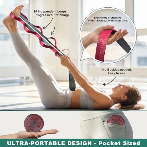 Acozycoo Stretching Strap with Loops for Leg Calf Back Physical Therapy | Non-Elastic Yoga Strap for Stretching,Stretch Band,Leg Lifter,Rehab,Knee,Hip,Pilates,Flexibility Training,Hamstring,Fascia - color: Red