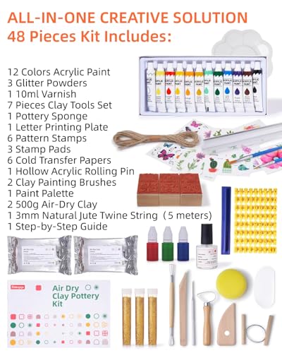 Air Dry Clay Kit for Adults, Pottery Kit for Beginners, 48 PCS Clay Kit with Acrylic Paints, Stamps, Sculpting Tools & Step-by-Step Guide - Crafts for Birthdays Xmas Gift & Decor