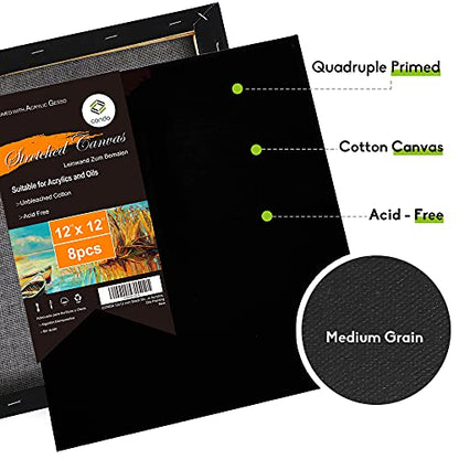 CONDA Black Stretched Canvas 12x12 inch, 8 Pack Canvases for Painting, 100% Cotton, 8 oz Gesso-Primed, 5/8 Inch Profile Artist Canvas Value Bulk Pack for Acrylics, Oils Painting - size: 12"x12" 8 Pack