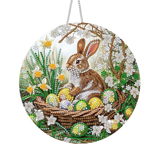 Pavemlo Hanging Diamond Art Kits for Adults Easter Rabbit - 8x8 Inch Double-Sided Acrylic Board Pearl Art Kits for Adults Suncatcher Pendant, Sparkling Home Wall or Window Decoration Handmade Gift F16 - color: Rabbit 1