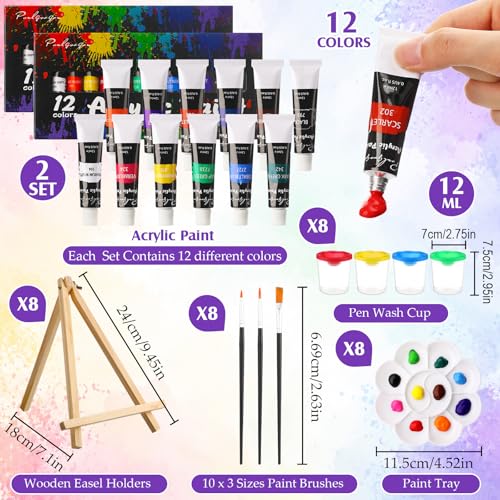 Cholemy 8 Set Paint and Sip Kit for Adults 8'' x 10'' Pre Drawn Canvas with Wooden Easels Acrylic Paint Brushes Wash Cup Palette Apron for Painting DIY Date Night Party Supplies (Moonlit Night) - style: Moonlit Night