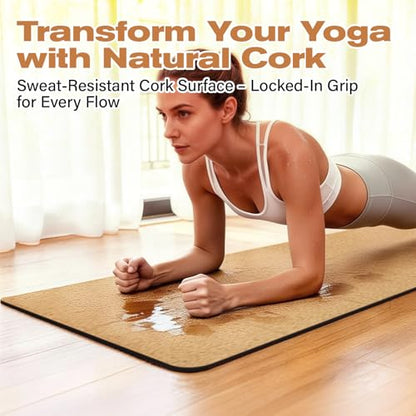 LILXIU Foldable Cork Yoga Mat 72 * 24 in 4 mm Thick Sweat Resistant with Rubber Base Hot Yoga Mat with Storage Bag Lightweight Grip Mats for Travel and Pilates Fitness Home Workouts