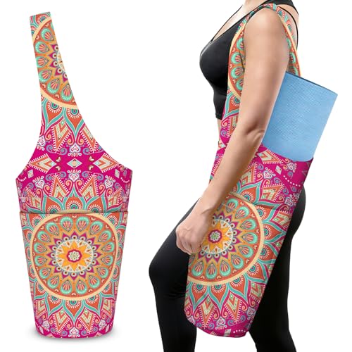 Mandala Yoga Mat Bag with Large Side Pocket and Zipper Pocket Long Tote Yoga Bags Fit Most Size Mats and Holds More Yoga Accessories - color: Pink