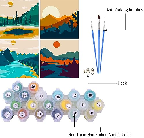 FQOVKYN 4 Pack Sunset Paint by Number for Adults Beginners, DIY Landscapes Paint by Numbers on Canvas, Acrylic Easy Painting by Numbers Oil Painting Kits for Home Wall Decor (8x8in)