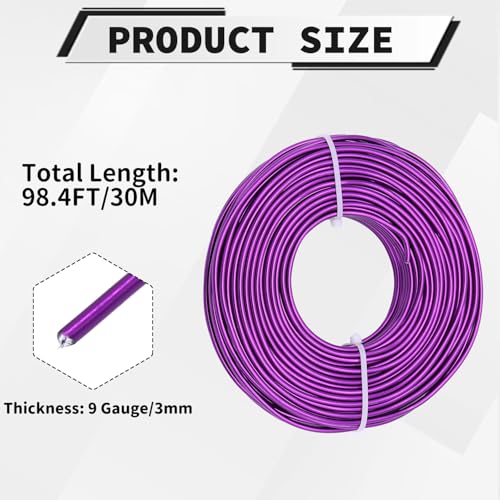 9 Gauge Aluminum Craft Wire, 100 Feet 3mm Bendable Metal Wire for Jewelry Making, Sculpting and Floral Design, Soft Armature Wire for DIY Crafts (Purple) - size: 9 Gauge(3mm), style: Purple