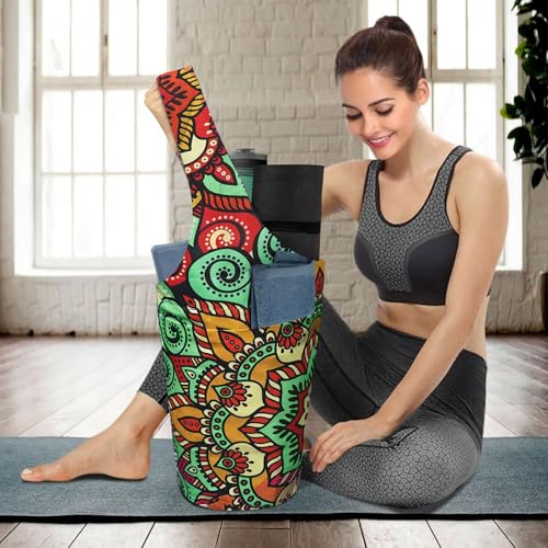 Yoga Mat Bag Carrier for Women with Side Large Pocket Durable Linen Workout Gym Travel Storage Pilates Mats - color: Ethnic Mandala