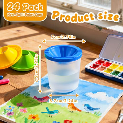 No Spill Paint Cups, 24pcs Paint Cups with Lids for Kids Suitable for Kids Paint, Spill Proof Paint Cups are Ideal for Classroom Art Supplies and Crafts, Durable Paint Cups with Lids(4 Colors)