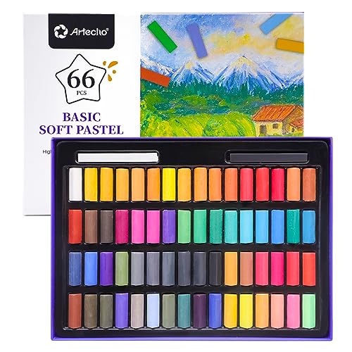 Artecho 66pcs Soft Pastels, 64 Colors | 4 Fluorescent Colors, Extra Free Black & White, Square Chalk, For Drawing, Blending, Layering, Shading - style: 64 colors short