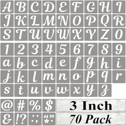 3 Inch Letter Stencils for Painting - 70 Pack Alphabet Letter and Number Stencil Templates with Signs for Painting, Reusable Cursive Alphabet Stencils for Chalkboard Wood Crafts & Wall Decor - size: 3 Inch